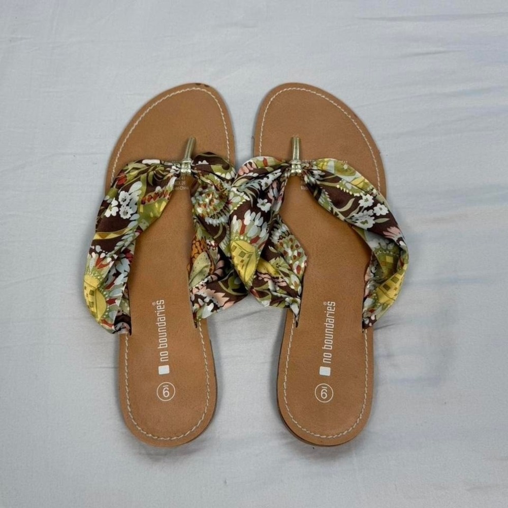 y2k No Boundaries leather flip flop sandals with patterned satin straps
